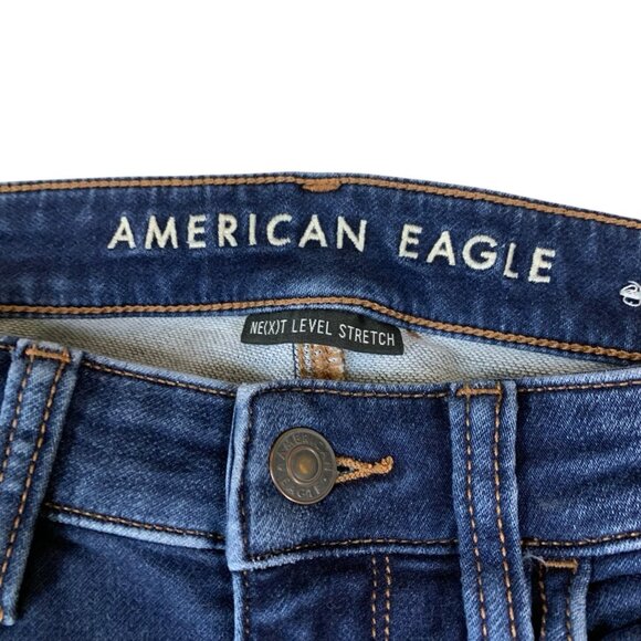 American Eagle Dark Wash Jegging 6 X-Long Next Level Stretch Raw Hem Distressed - Picture 4 of 6